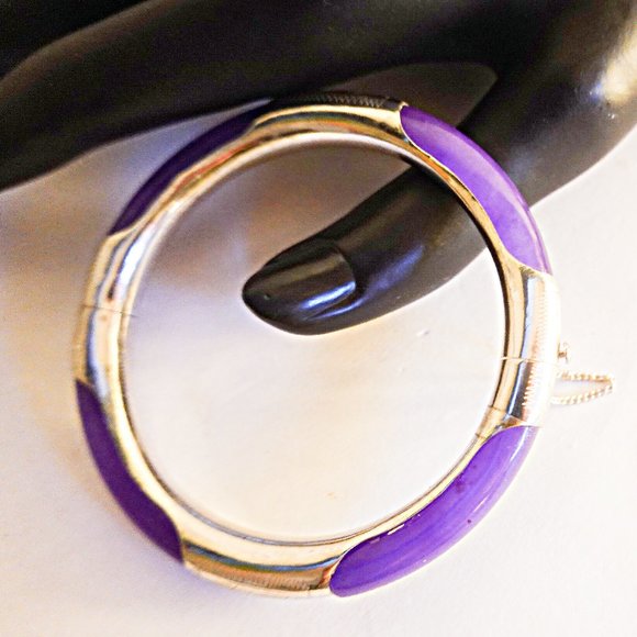 Chinese Jade Jewelry - Chinese Lavender Jadeite Sterling Silver Hinged Bangle Bracelet